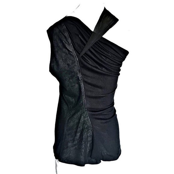 RICK OWENS Vintage 2012 One-Shoulder Strapless Top Silk & Lamb Leather - Picture 5 of 14